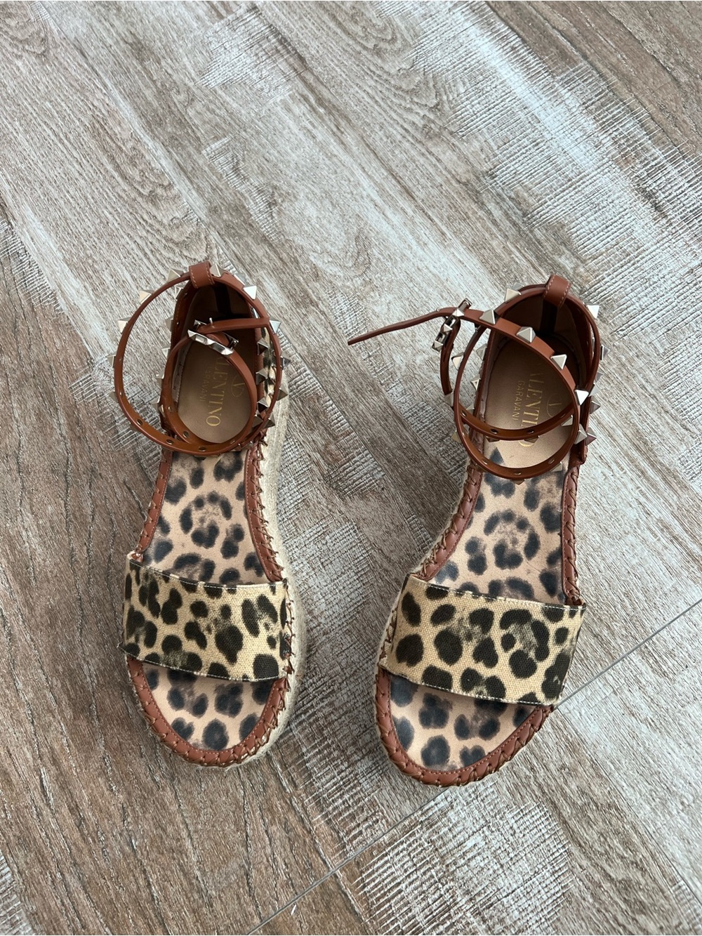 Valentino Leopard Print Ankle Strap Espadrille Sandals